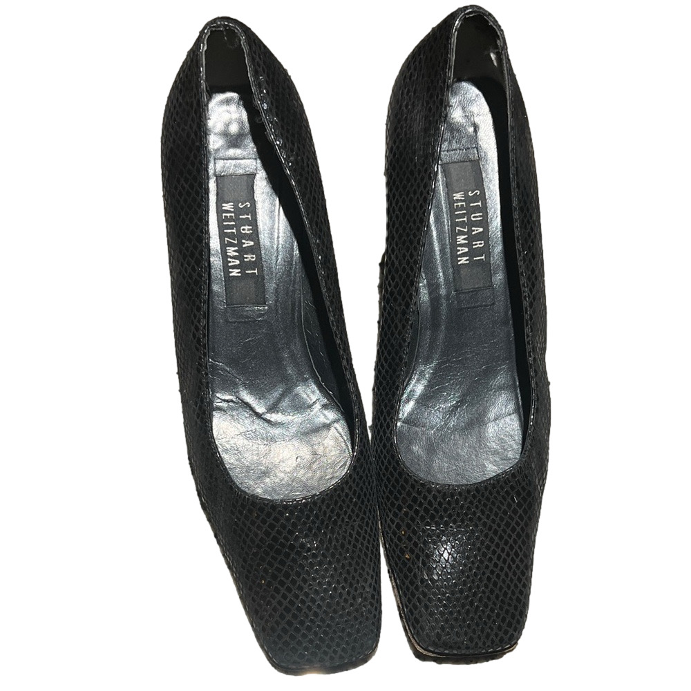 Stuart Weitzman Sz 9 black faux snakeskin fabric block heel pumps Vtg